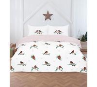 Rapport Home Single Robin on Holly Christmas Duvet Cover Set | Reversible Festive Microfibre Bedding | One Matching Pillowcase | Easy Care Durable | White Peach