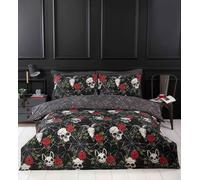 "Rapport Home Skulls & Roses Double Duvet Cover Set | Reversible Gothic Black F