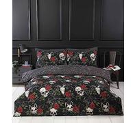 Rapport Home Black Duvet Cover Set with Skulls & Roses, Halloween Themed Microfibre Single Bedding Set