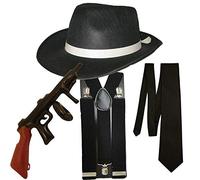 RARA® Al Capone Mafia Gangster Fedora-Style Hat, Inflated Tommy Gun, Black Tie & Braces - 1920s Costume Set for Women & Men - Perfect for Carnival