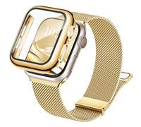 Raradev 3-in-1 Compatible with Apple Watch Metal Straps 40mm with Case & Screen Protector, Dual Magnetic Band and Protective Cover with 9H Tempered Glass for iWatch SE3 Series 6/5/4, Gold