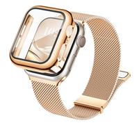 Raradev 3-in-1 Compatible with Apple Watch Metal Straps 40mm with Case & Screen Protector, Dual Magnetic Band and Protective Cover with 9H Tempered Glass for iWatch SE3 Series 6/5/4, Rosegold