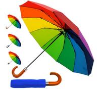 Rare 12 Rib Rainbow Umbrella Automatic Compact - 50MPH Strong Windproof Small Umbrella Folding Foldable Frame - Best for Auto Open and Close - Multicoloured Bright - Wooden Curved Hook Handle