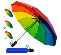 Rare 12 Rib Rainbow Umbrella Automatic Compact - 50MPH Strong Windproof Small Umbrella Folding Foldable Frame - Best for Auto Open and Close - Multicoloured Bright - Easy Grip Handle