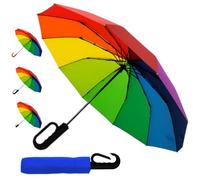 Rare 12 Rib Rainbow Umbrella Automatic Compact - 50MPH Strong Windproof Small Umbrella Folding Foldable Frame - Best for Auto Open and Close - Multicoloured Bright - Carabiner Handle