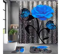 Rare and Precious Shower Curtain Sets with Non-Slip Rugs, Toilet Lid Cover and Bath Mat,Durable Waterproof Bath Curtain with 12 Hooks (Blue-Rose)