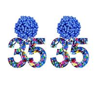 RareLove 35th Birthday Earrings for Women, Blue Number 35 Beaded Glitter Dangle Stud Earrings, Fun Birthday Party Accessories Jewelry