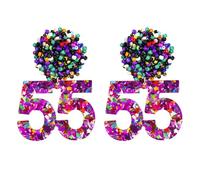 RareLove 55th Birthday Earrings for Women, Pink Number 55 Colorful Beaded Glitter Dangle Stud Earrings, Fun Birthday Party Accessories Jewelry