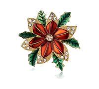 RareLove Vintage Christmas Poinsettia Brooch, Red with Green Leafs Poinsettia Flower Wreath CZ Rhinestone Crystal Christmas Pins and Brooches for Women Girls Silver Plated Alloy,Holiday Jewelry