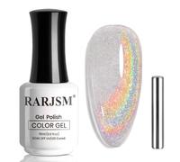 RARJSM Clear Rainbow Cat Eye Gel Nail Polish with Magnet Stick Silver Iridescent Holographic Glitter Sparkle 9D Cat Eye Gel Polish Soak off UV LED Curing Requires Home Salon Nail Art 15ml