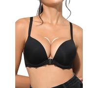 Rasback Front Closure Push Up Bras for Women Racerback Add 2 Cup Sizes Padded Plunge Underwire Lace Bra Lift Up, Black, 38A