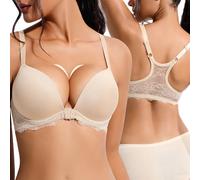 Rasback Front Closure Push Up Bras for Women Racerback Add 2 Cup Sizes Padded Plunge Underwire Lace Bra Lift Up, Beige, 44A
