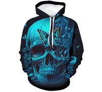 RASBCTK Men's Psychedelic Skull Floral Hoodies Skeleton Kingdom Hoody Sweatshirt Pockets Pullover, Blue Butterfly, L