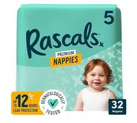 Rascals Premium Nappies, Size 5, 32 Count, 12 Hour Leak Protection, Stretchy High-Back Waistband, Unique Hydrolock Core, Dermatologically Tested
