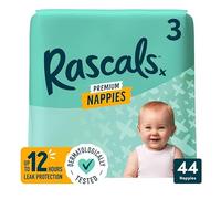 Rascals Premium Nappies with Hydrolock Core™, Size 3, 44 Pack, 12-Hour Leak Protection, Stretchy High-Back Waistband™, Dermatologically Tested