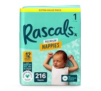 Rascals Premium Nappies丨Size 1丨Total 216 Nappies丨Absorbent丨infant丨overnight Diapers Dry and Gentle Diapers nighttime丨4 Layers of Protection and Feather-Soft Materials (Size 1)