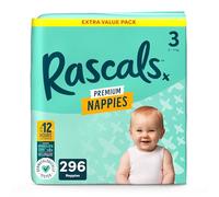Rascals Premium Nappies丨Size 3丨Total 296 Nappies丨Absorbent丨Infant丨Overnight Diapers Dry and Gentle Diapers nighttime丨4 Layers of Protection and Feather-Soft Materials