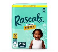 Rascals Premium Nappies丨Size 6丨Total 216 Nappies丨Absorbent丨Infant丨Overnight Diapers Dry and Gentle Diapers nighttime丨4 Layers of Protection and Feather-Soft Materials (Size 6)