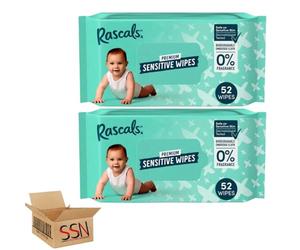 Rascals Premium Sensitive Wipes Each Pack 52 Wipes.Extra Gentle Care for Delicate Skin By SSN Spark Systems Network. (Pack of 2x)