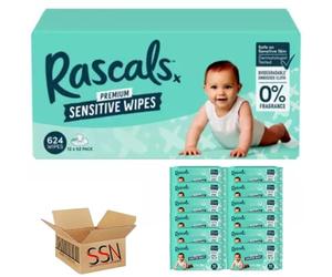 Rascals Premium Sensitive Wipes Each Pack 52 Wipes.Extra Gentle Care for Delicate Skin By SSN Spark Systems Network. (Pack of 12x (Full Box))