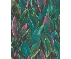Rasch 537352 Non-Woven Wallpaper with Large Leaves in Green and Pink from The Curiosity Collection - 10.05 m x 0.53 m (L x W)
