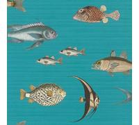 Rasch 553536 Non-Woven Wallpaper in Turquoise with Textile Topic and Colourful Fish 10.05 m x 0.53 m (L x W)