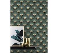 Rasch 637618 Non-Woven Wallpaper with Art Deco Pattern in Green and Gold 10.05 m x 0.53 m