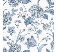 Rasch Amelie Hydrangea Floral Themed Hand-Drawn Effect Wallpaper for Bedrooms, Hallways, Dining Rooms Blue/White 260169