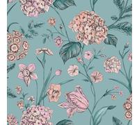 Rasch Hydrangea Floral Tulips Wildflower Flowers Botanical Leaves Leaf Wallpaper in Teal Rasch Teal