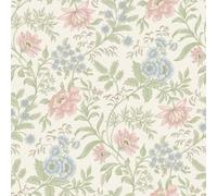 Rasch Echoes of Eden Garden Muse Floral Wallpaper, Pink/Green (100012) | Wallcovering for living room, bedroom and hallway, vintage shabby chic blossoms and foliage, metallic accents, cream ground