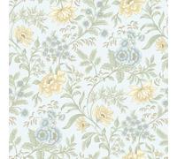 Rasch Echoes of Eden Garden Muse Floral Wallpaper, Sky Blue (100005) | Wallcovering for living room, bedroom and hallway, vintage yellow blossoms with green foliage, subtle metallic shimmer