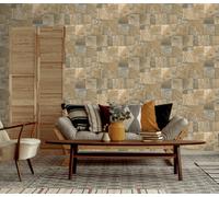 Wooden Block Tiles Glitter Wood Grain Textured Vinyl Wallpaper Rasch Camel One Size