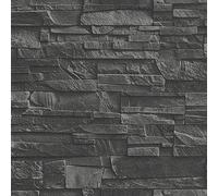 Rasch Factory Slate Brick Pattern Stone Faux Effect Textured Mural Wallpaper (Black 475036)