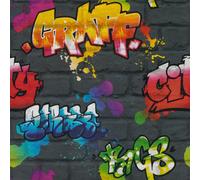 Kids Black Graffiti Wallpaper Brick Effect Feature Wall Bedroom Games Room
