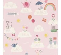 Rasch Hello Clouds Rainbow Birds Cats Butterfly Childrens Wallpaper in Pink Rasch Pink
