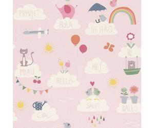 Rasch Hello Clouds Rainbow Birds Cats Butterfly Childrens Wallpaper in Pink Rasch Pink