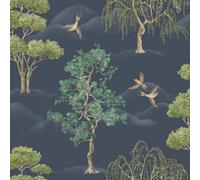 Rasch Maya Willow Woodland Navy Green Bird Print Wallpaper 283869