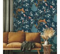 Rasch Navy Teal Tropical Wallpaper Tiger Birds Peacock Trees Floral Exotic Jungle