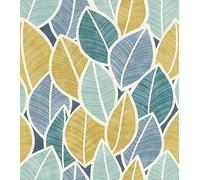 Botanical Teal Blue Ochre Leaves Rasch Paste The Wall Non woven Wallpaper