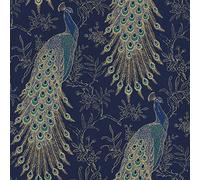 Rasch Portfolio Peacock Wallpaper Navy Blue Gold Metallic Exotic Bird Feathers Lusury Feature Wall 10m Roll 215700
