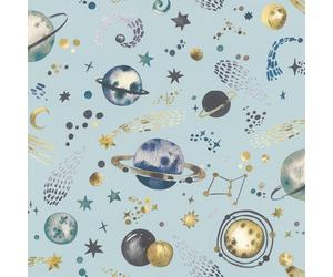 Rasch Space Galaxy Moon Planets Light Blue Non Woven Wallpaper 300949