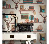 Rasch Study Book Shelf Gold Picture Frame Damask Pattern Wallpaper