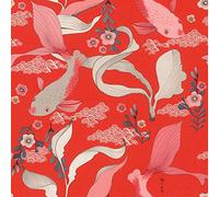 Rasch Tapeten 539844 - Non-Woven Wallpaper with Koi Carp in Rose and Plants in Grey on Red Background with Light Textile Structure from The Amazing Collection - 10.05 m x 53 cm (L x W)