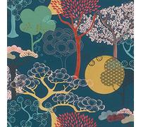 Rasch Tapeten 539967 - Non-Woven Wallpaper with Trees in Red, Yellow and Green on Dark Blue Background and Light Structure - 10.05 m x 53 cm (L x W) Wallpaper, Blue