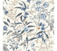 Rasch Tapeten 869125 Non-Woven Wallpaper with Flowers and Leaves in Blue, Golden Yellow, Brown and White from The Symphony Collection - 10.05 m x 0.53 m (L x W)