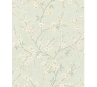 Rasch Wallpaper 456769 - Light Green Non-Woven Wallpaper with Small, Delicate Flowers in Beige and White from The Country Charme Collection