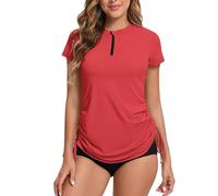 Rash Vest Women Short Sleeve Rash Guard 1/4 Zip Front Ladies Swim Top Quick Dry UV Swimming Shirts Adjustable Hem UPF 50+ Red 10