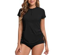 Rash Vest Women Short Sleeve Rash Guard 1/4 Zip Front Ladies Swim Top Quick Dry UV Swimming Shirts Adjustable Hem UPF 50+ Black 12