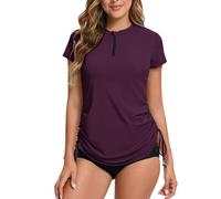 Rash Vest Women Short Sleeve Rash Guard 1/4 Zip Front Ladies Swim Top Quick Dry UV Swimming Shirts Adjustable Hem UPF 50+ Fuchsie 12
