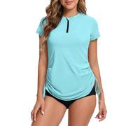 Rash Vest Women Short Sleeve Rash Guard 1/4 Zip Front Ladies Swim Top Quick Dry UV Swimming Shirts Adjustable Hem UPF 50+ Blue 8